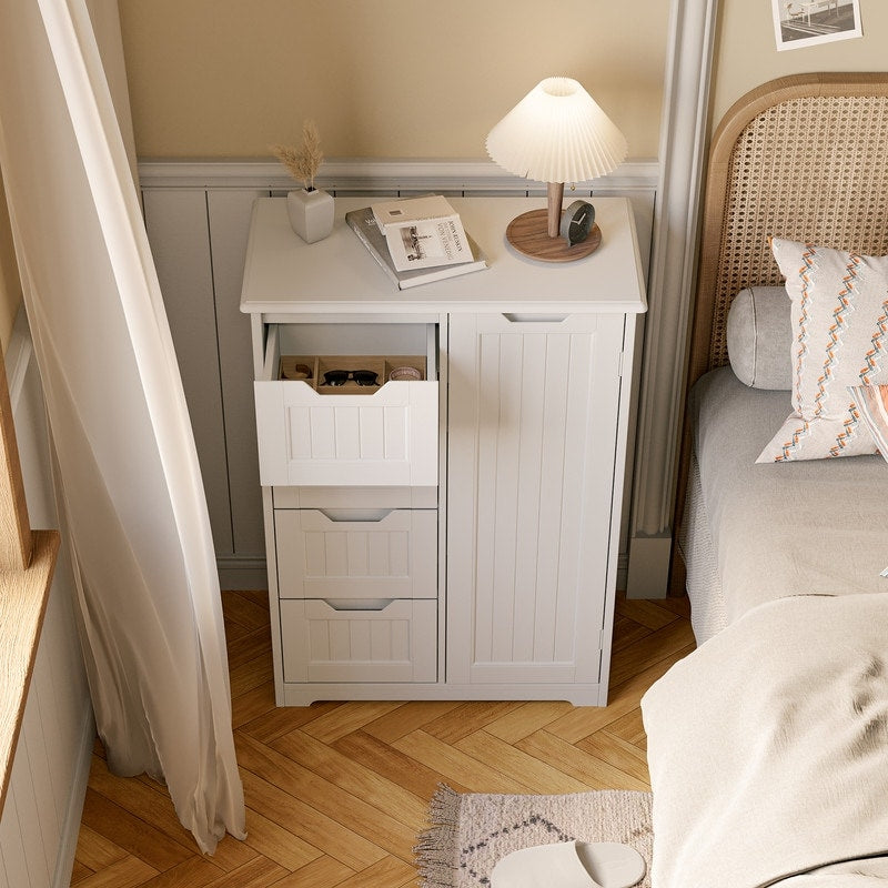 Meuble de rangement de sol pour salle de bain, meuble de rangement autoportant avec 4 tiroirs et étagère réglable