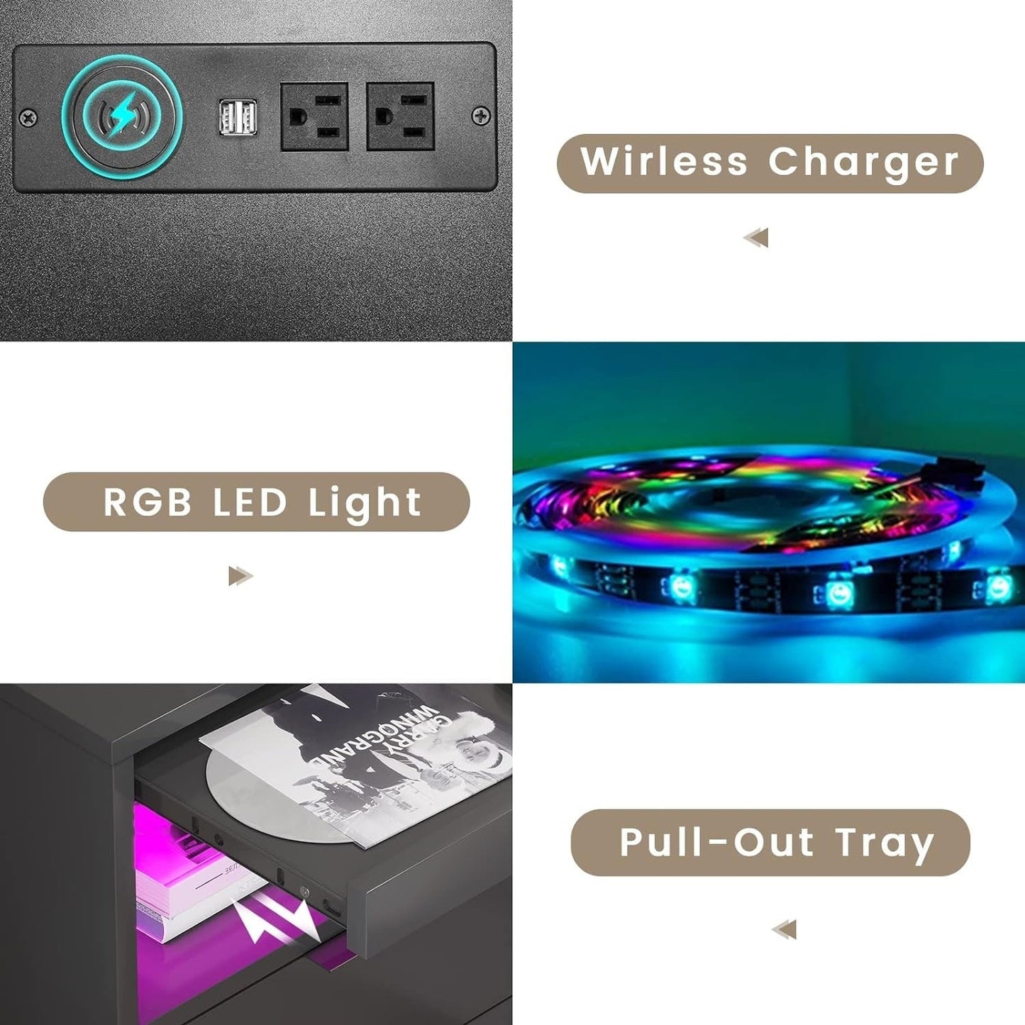 Table de chevet à 2 tiroirs avec éclairage LED et station de recharge sans fil. Étagère coulissante.