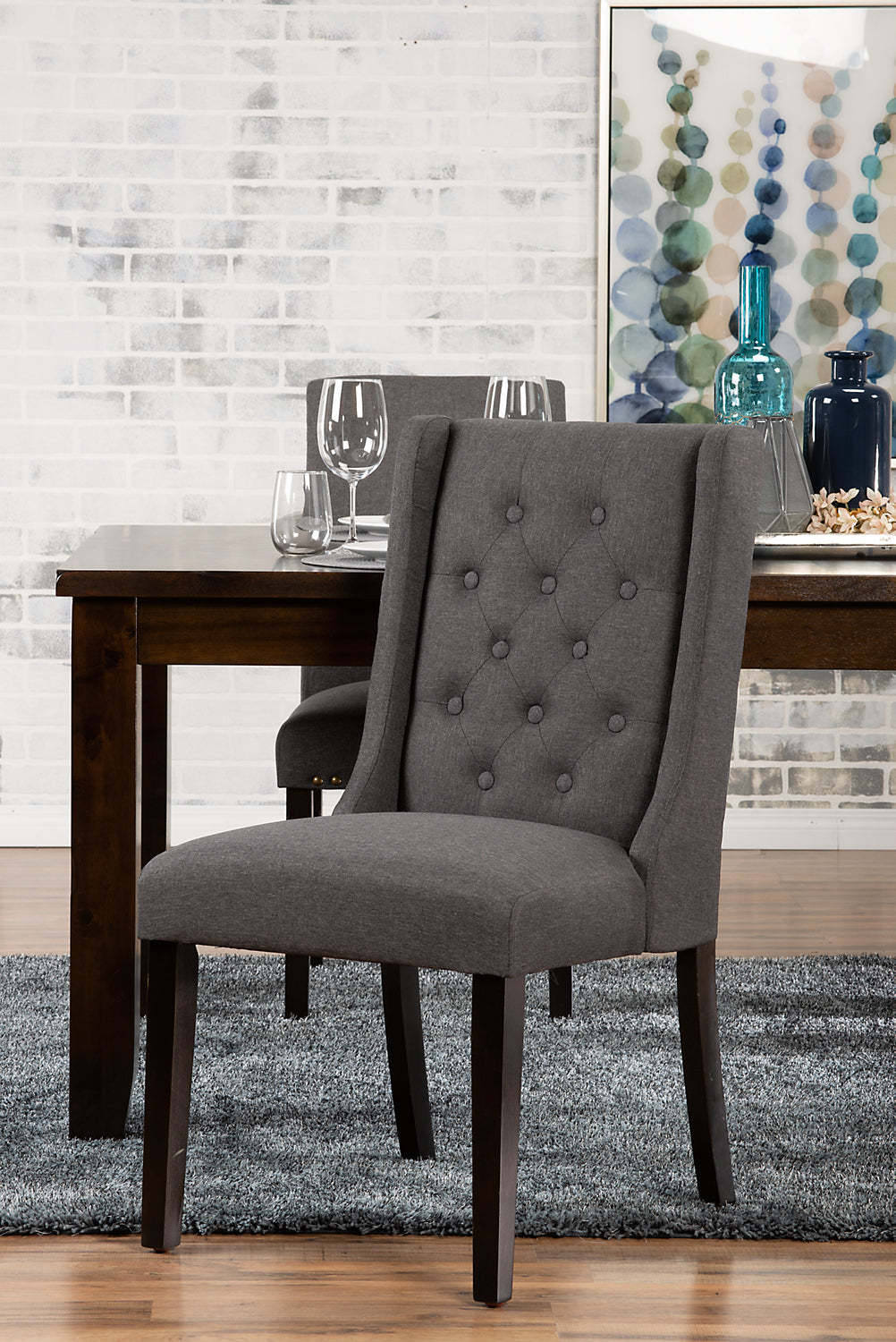 Chaise de salle à manger York avec tissu d'apparence lin et garniture cloutée - Gris | Chaise de salle à manger York en tissu d'apparence lin avec bordure de clous décoratifs - grise