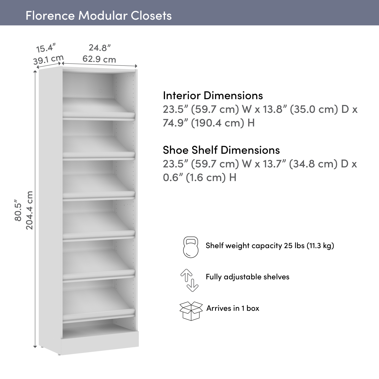 Bestar Florence 25 Modular Shoe Shelf Closet System - White|Système de garde-robe modulaire Florence de Bestar de 25 po avec tablette pour chaussures - blanc