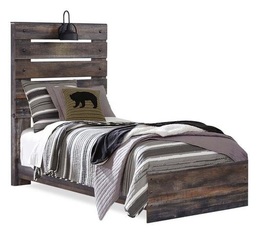 Lit à panneaux Abby avec tête de lit et cadre pour enfants, LED, USB, marron - Taille simple | Lit à panneau Abby pour enfants avec tête de lit, cadre de lit, éclairage à DEL et port USB, brun - …