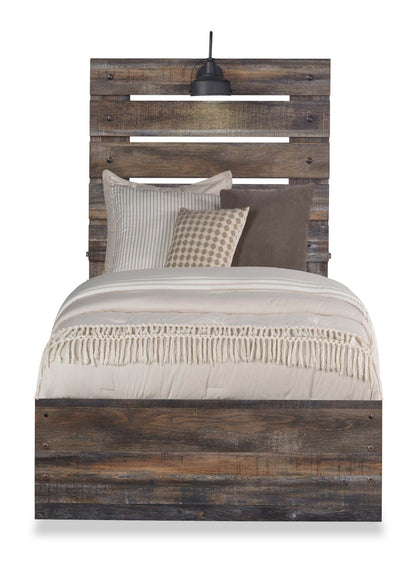 Lit à panneaux Abby avec tête de lit et cadre pour enfants, LED, USB, marron - Taille simple | Lit à panneau Abby pour enfants avec tête de lit, cadre de lit, éclairage à DEL et port USB, brun - …