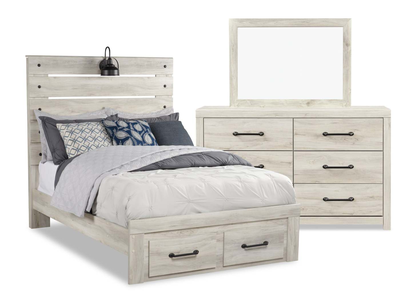 Ensemble de chambre à coucher Abby 5 pièces avec lit rangement, commode et miroir, LED, USB, blanc - Pleine grandeur | Ensemble de chambre à coucher Abby 5 pièces avec lit de rangement, commode, miroir, éclairage à DEL, USB, blanc - Taille complète
