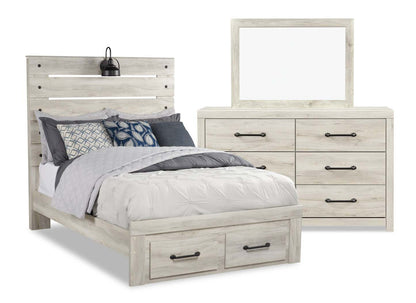 Ensemble de chambre à coucher Abby 5 pièces avec lit rangement, commode et miroir, LED, USB, blanc - Pleine grandeur | Ensemble de chambre à coucher Abby 5 pièces avec lit de rangement, commode, miroir, éclairage à DEL, USB, blanc - Taille complète