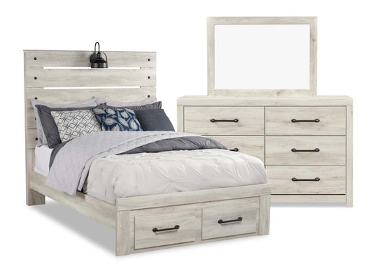 Ensemble de chambre à coucher Abby 5 pièces avec lit rangement, commode et miroir, LED, USB, blanc - Pleine grandeur | Ensemble de chambre à coucher Abby 5 pièces avec lit de rangement, commode, miroir, éclairage à DEL, USB, blanc - Taille complète