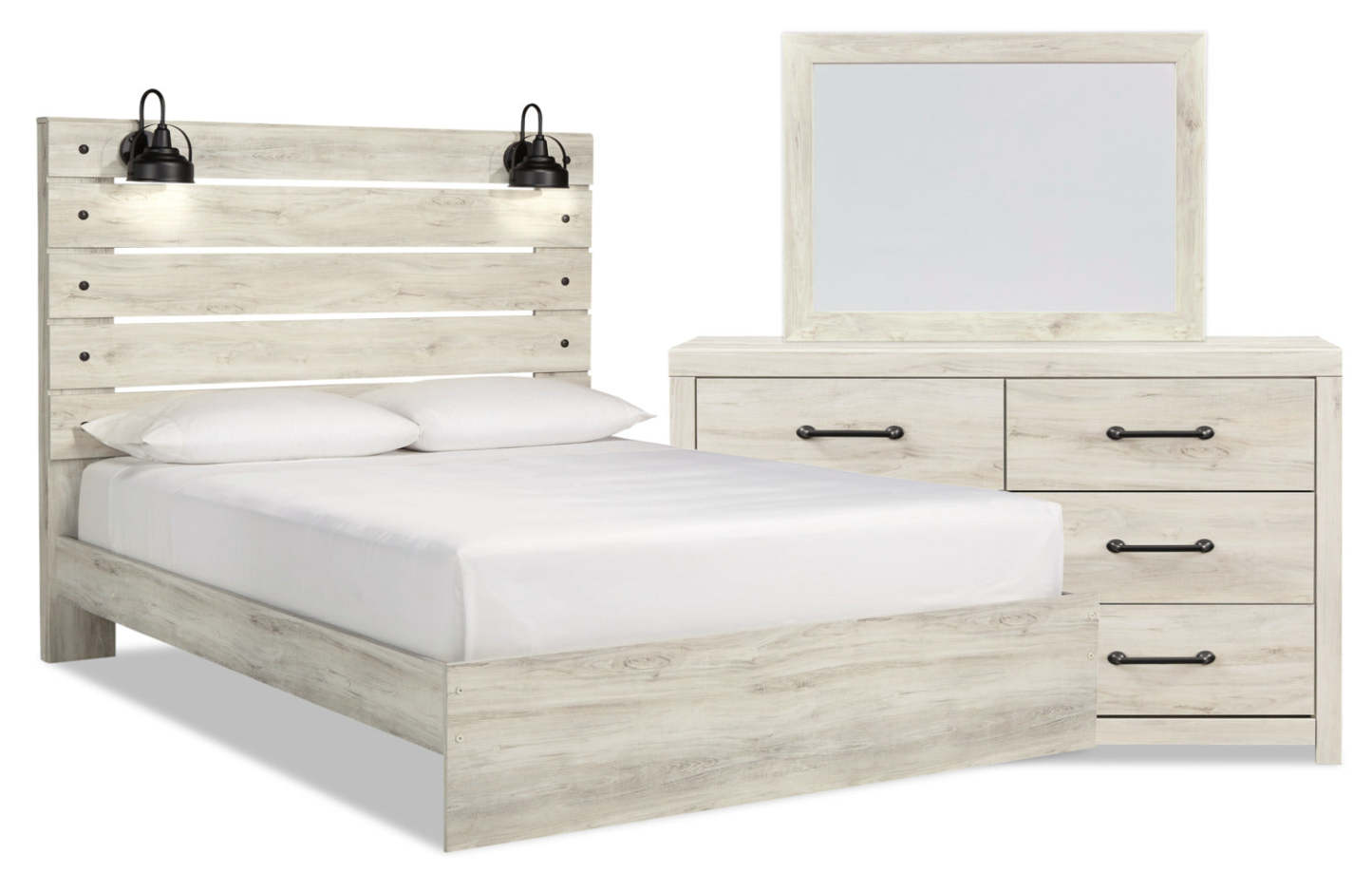 Ensemble de chambre à coucher Abby 5 pièces avec lit à panneau, commode, miroir, éclairage à DEL, USB, blanc - Taille King