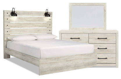 Ensemble de chambre à coucher Abby 5 pièces avec lit à panneau, commode, miroir, éclairage à DEL, USB, blanc - Taille King