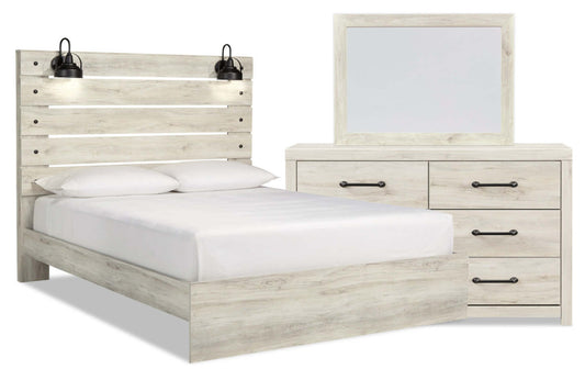 Ensemble de chambre à coucher Abby 5 pièces avec lit à panneau, commode, miroir, éclairage à DEL, USB, blanc - Taille King
