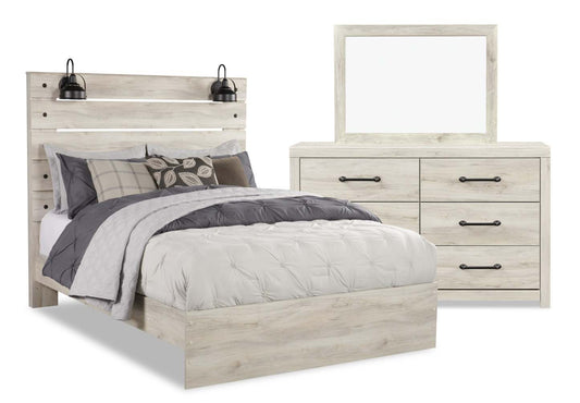 Ensemble de chambre à coucher Abby 5 pièces avec lit à panneau, commode, miroir, éclairage à DEL et USB, blanc - Taille Queen