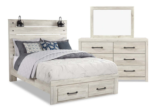 Abby 5pc Bedroom Set with Storage Bed, Dresser & Mirror, LED, USB, White - Queen Size | Ensemble de chambre à coucher Abby 5 pièces avec lit de rangement, commode, miroir, éclairage à DEL …