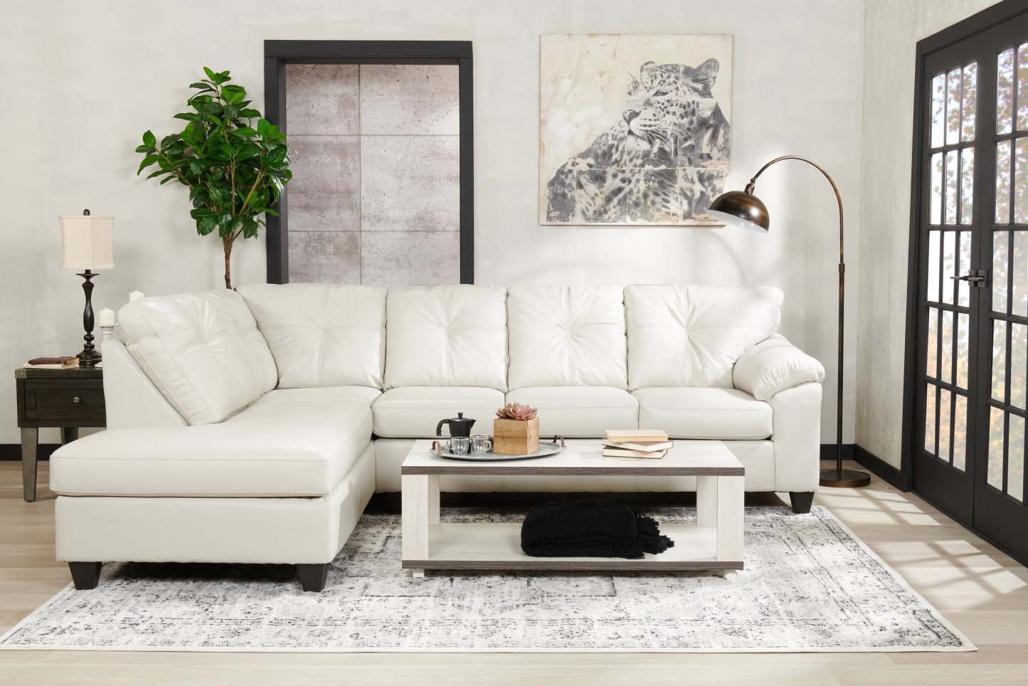 Fabriqué au Canada, canapé sectionnel de gauche Addison 2 pièces en tissu d’apparence cuir avec coussins de siège amovibles - beige