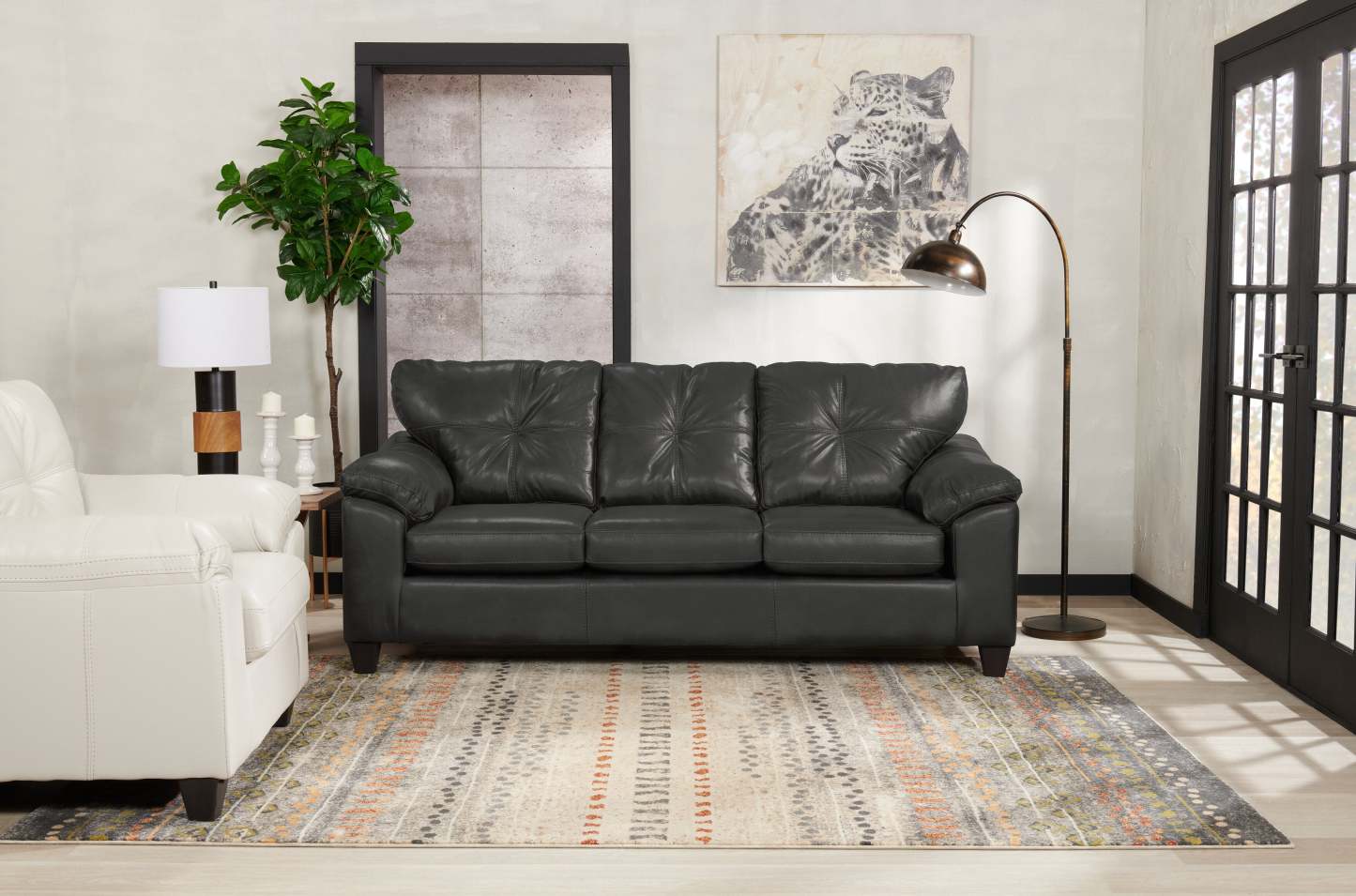 Sofa Addison de 86 po fabriqué au Canada en tissu d’apparence cuir avec coussin de dossier capitonné - gris