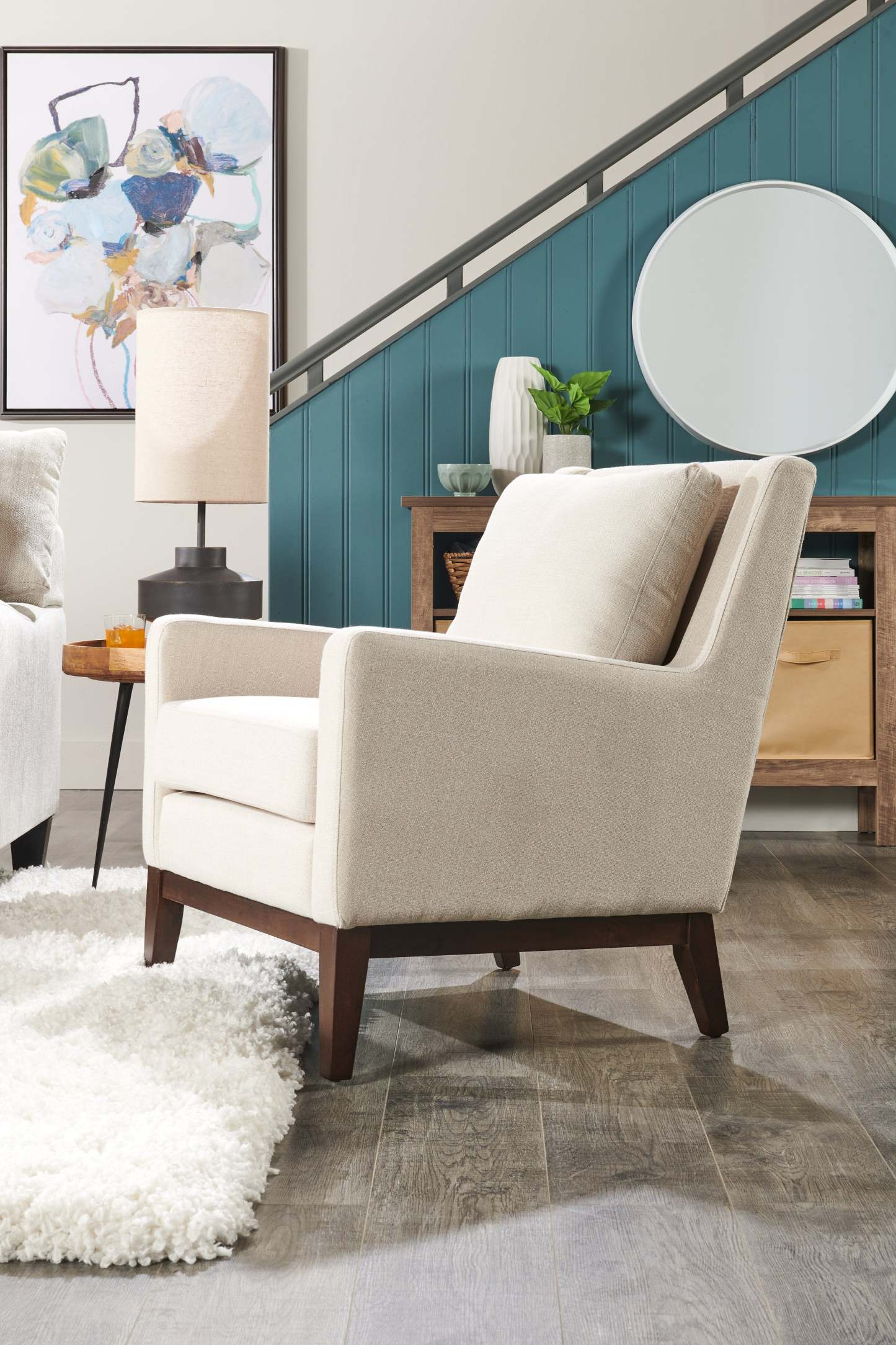 Chaise d'appoint en tissu d'apparence lin avec base en bois Adel 28,5 - Beige | Fauteuil d'appoint Adel de 28,5 po en tissu d'apparence lin avec piètement en bois - beige