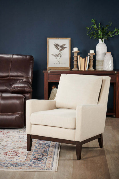 Chaise d'appoint en tissu d'apparence lin avec base en bois Adel 28,5 - Beige | Fauteuil d'appoint Adel de 28,5 po en tissu d'apparence lin avec piètement en bois - beige