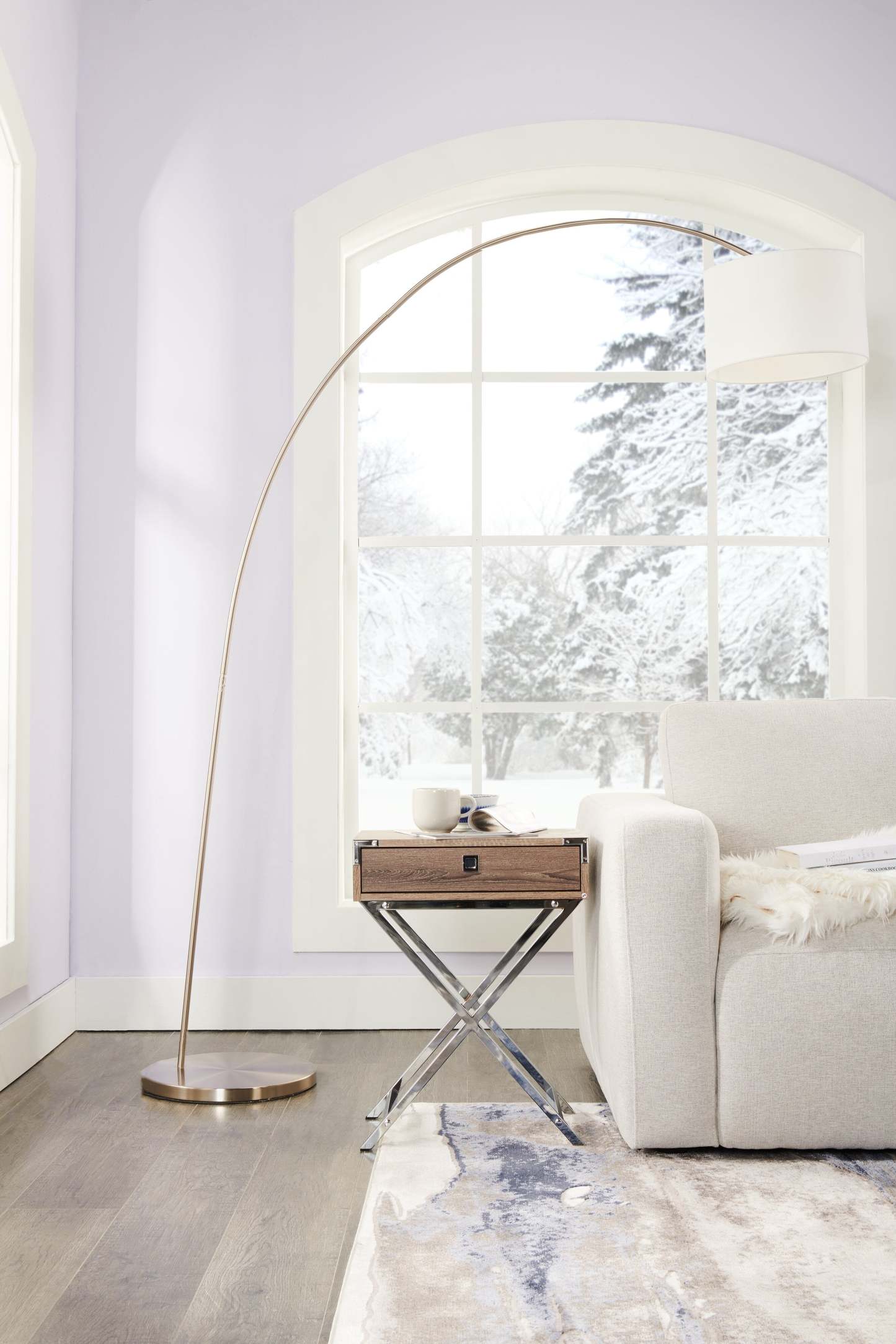 78 Lampadaire Arc en Acier Brossé avec Abat-Jour en Lin|Lampe à pied arquée de 78 po acier brossé avec abat-jour en lin