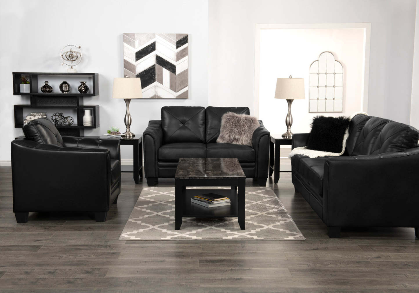 Causeuse Andi de 62 po en tissu d’apparence cuir avec capitonnage - noire