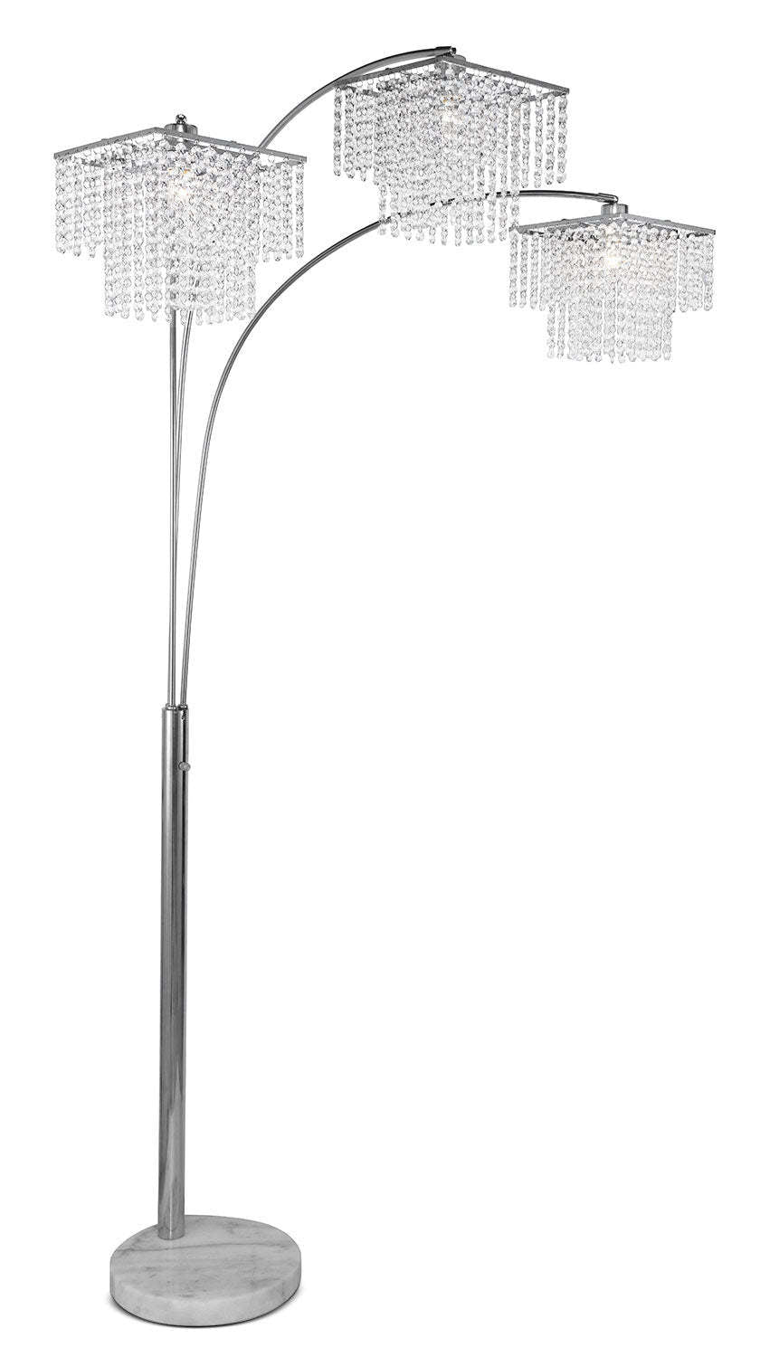 79 Glam Silver with Marble Base and 3-Light Glass Crystal Shade Arc Lampadaire|Lampe à pied arquée et somptueuse de 79 po argentée à 3 ampoules avec base en marbre et abat-jour en cristaux de verre