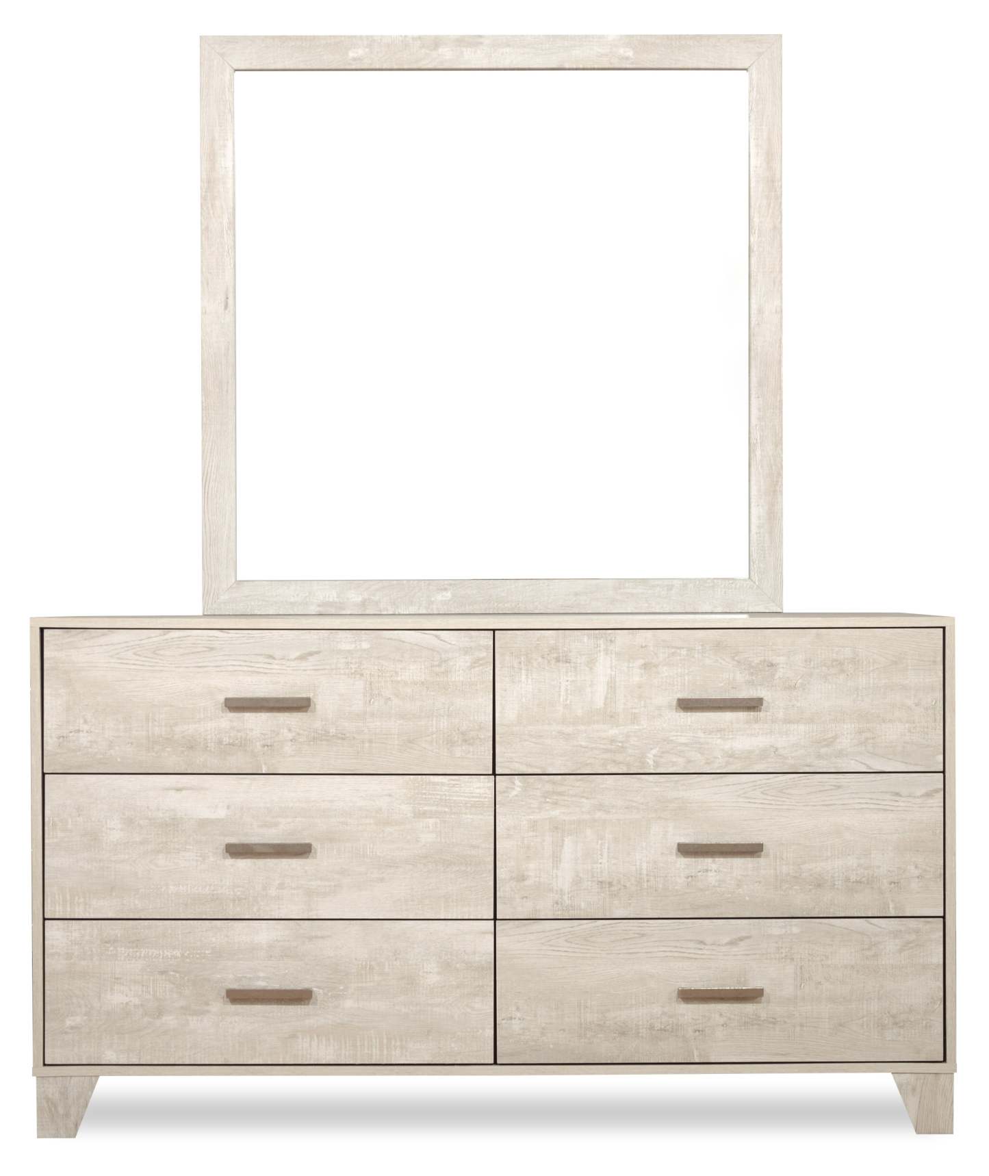 Ensemble de chambre à coucher Arbor 5 pièces avec lit à panneaux, commode et miroir, bois flotté blanc - Pleine grandeur | Ensemble de chambre à coucher Arbour 5 pièces bois de grève blanc avec lit à panneaux, commode et miroir - format lit double