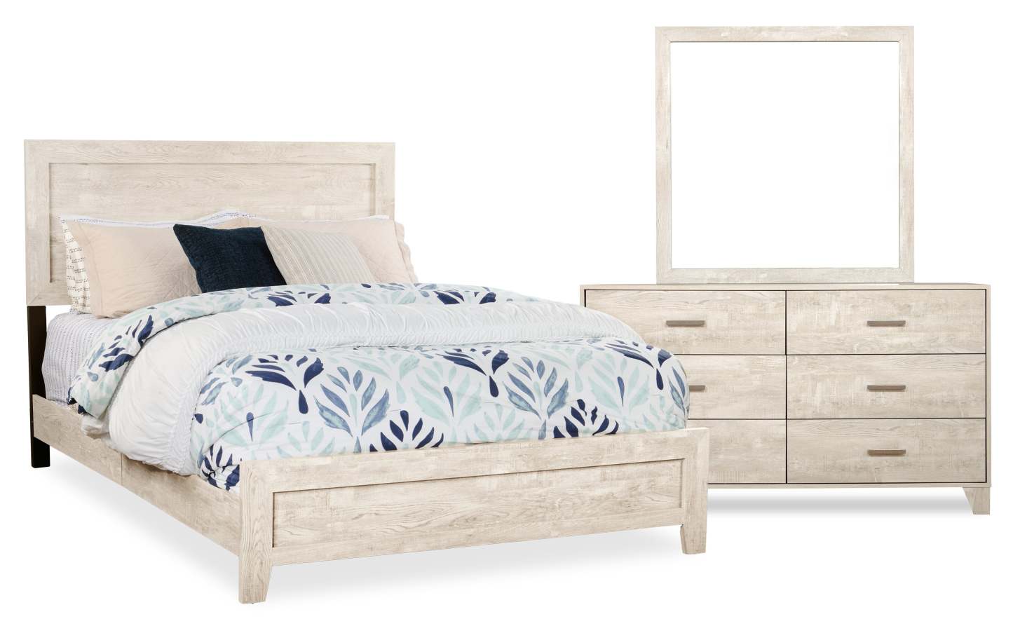 Ensemble de chambre à coucher Arbor 5 pièces avec lit à panneaux, commode et miroir, bois flotté blanc - Queen Size | Ensemble de chambre à coucher Arbour 5 pièces bois de grève blanc avec lit à panneaux, commode et miroir - format grand lit