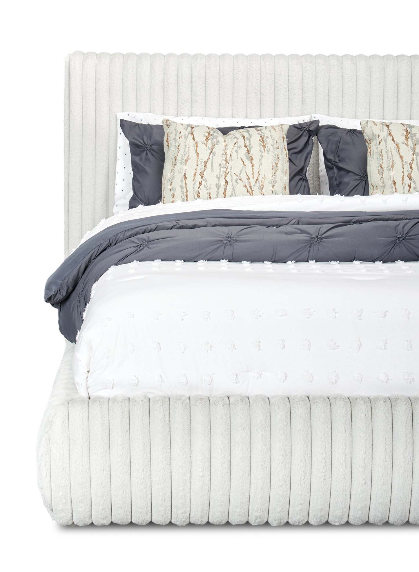 Lit plateforme rembourré Aria en tissu gris capitonné - format grand lit | Lit plateforme rembourré Aria en tissu gris, capitonné - Queen Size