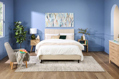 Lit plateforme Paseo en tissu de cuir végétalien taupe - Queen Size | Lit plateforme rembourré Paseo en tissu de cuir végétalien taupe - format grand lit