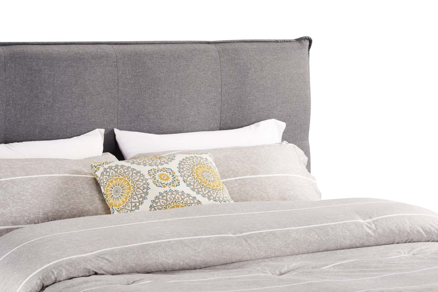 Lit plateforme rembourré Asha en tissu gris, capitonné - Queen Size | Lit plateforme rembourré Asha en tissu gris capitonné - format grand lit