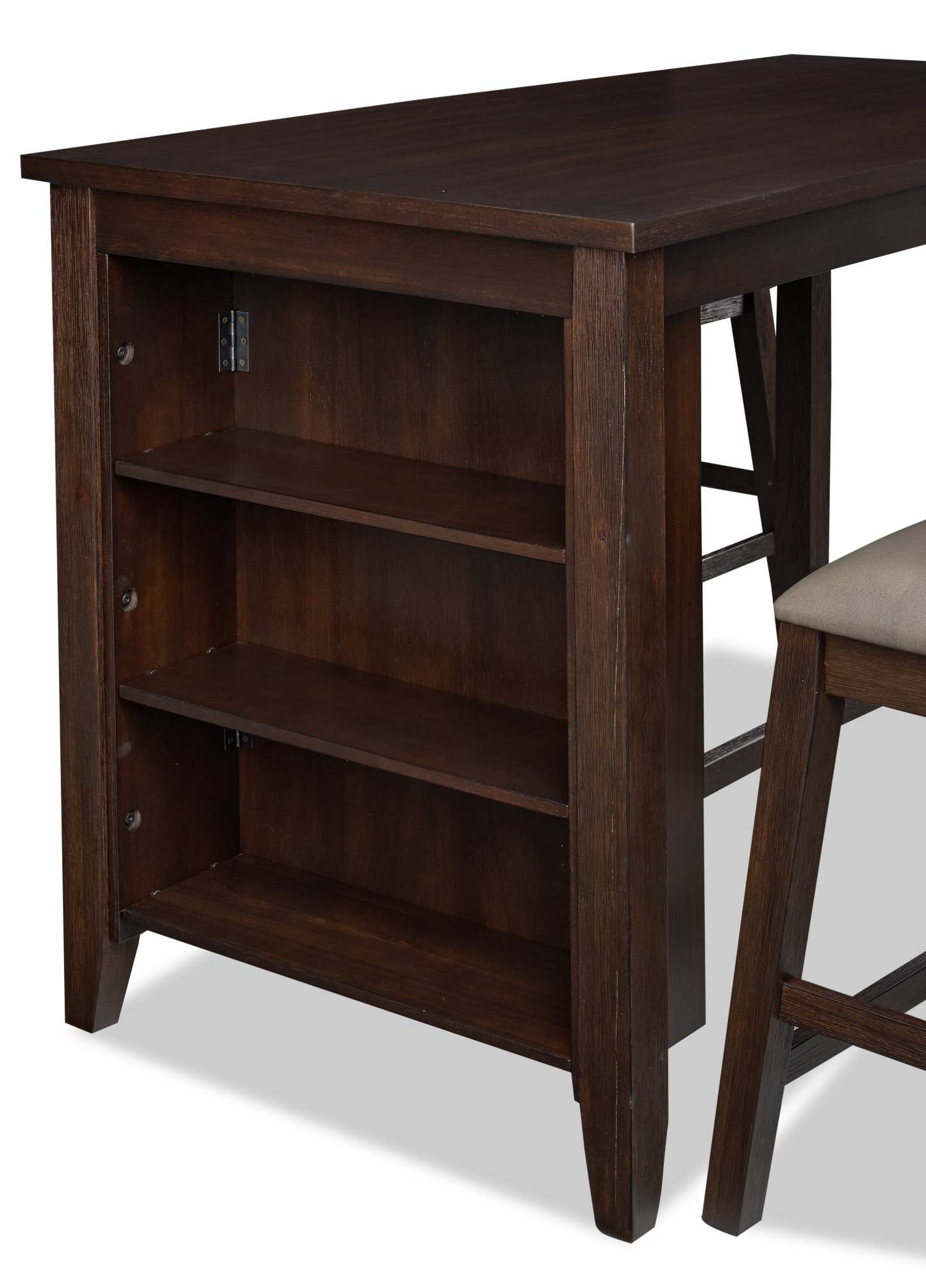 Astoria Ensemble de salle à manger 5 pièces à hauteur de comptoir avec table et 4 chaises, étagères intégrées, 60 W - Marron | Ensemble de salle à manger Astoria 5 pièces de hauteur comptoir avec table de 60 po (L), tablettes intégrées et 4 chaises - brun