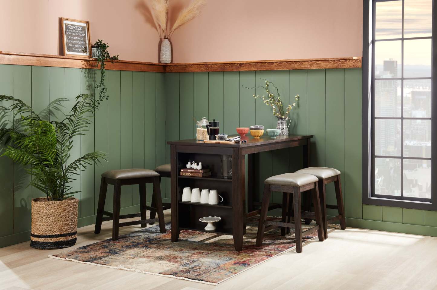 Table de salle à manger à hauteur de comptoir Astoria avec étagères intégrées, 60 W - Marron | Table de salle à manger Astoria de 60 po (L) de hauteur comptoir avec tablettes intégrées - brune