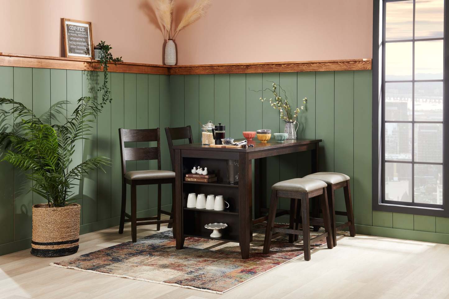 Table de salle à manger à hauteur de comptoir Astoria avec étagères intégrées, 60 W - Marron | Table de salle à manger Astoria de 60 po (L) de hauteur comptoir avec tablettes intégrées - brune