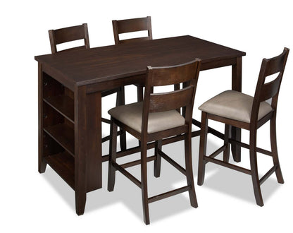 Astoria Ensemble de salle à manger 5 pièces à hauteur de comptoir avec table et 4 chaises, étagères intégrées, 60 W - Marron | Ensemble de salle à manger Astoria 5 pièces de hauteur comptoir avec table de 60 po (L), tablettes intégrées et 4 chaises - brun