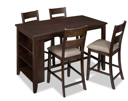 Astoria Ensemble de salle à manger 5 pièces à hauteur de comptoir avec table et 4 chaises, étagères intégrées, 60 W - Marron | Ensemble de salle à manger Astoria 5 pièces de hauteur comptoir avec table de 60 po (L), tablettes intégrées et 4 chaises - brun