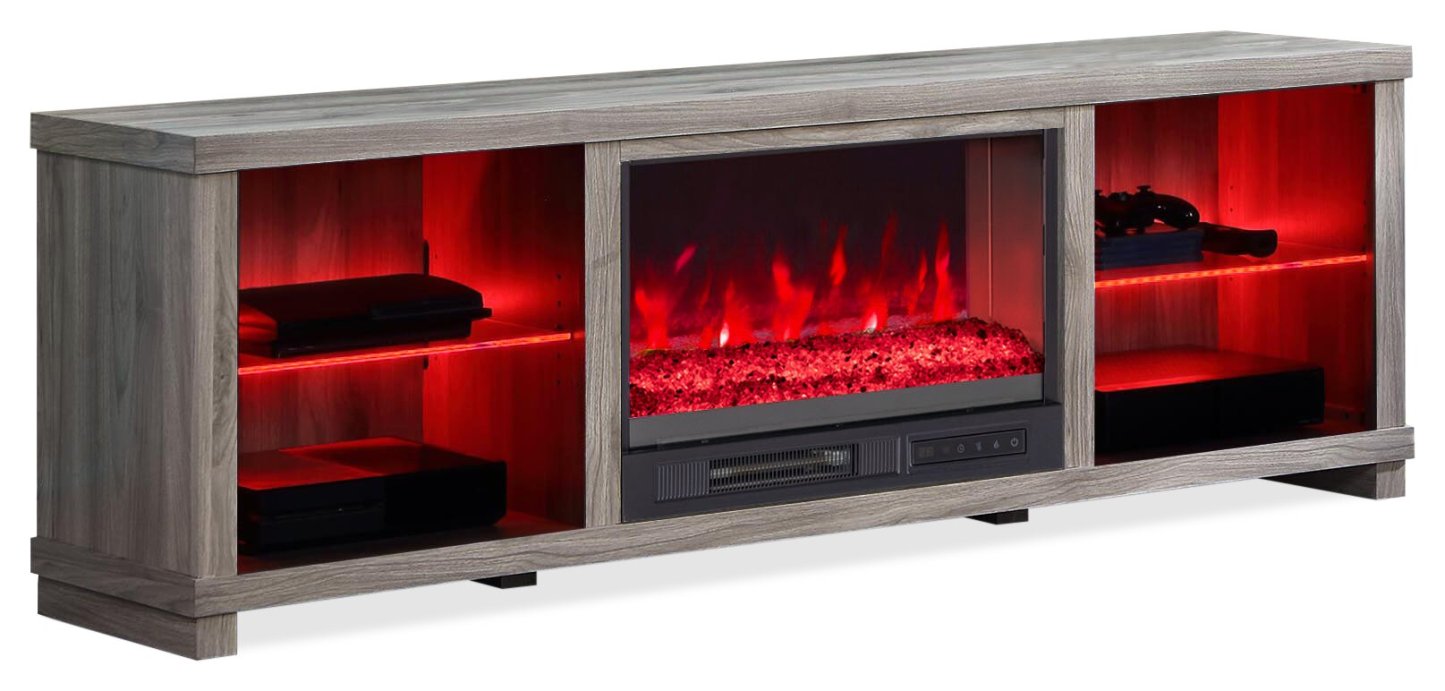 Aurora 72 Meuble TV avec foyer électrique moderne avec rangement et gestion des câbles pour téléviseurs jusqu'à 80 As|Meuble pour téléviseur moderne Aurora de 72 po avec foyer électrique, rangement et système de gestion