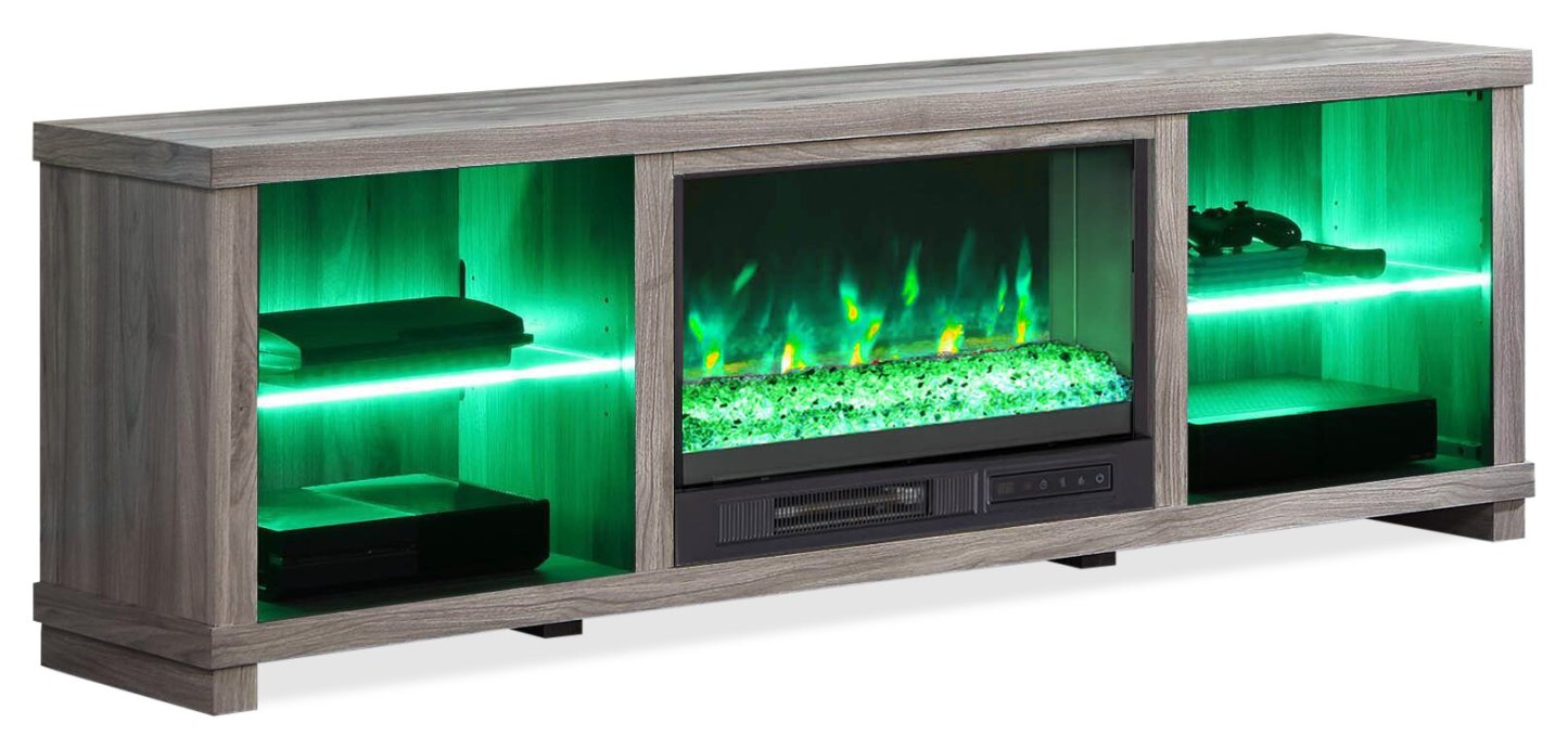 Aurora 72 Meuble TV avec foyer électrique moderne avec rangement et gestion des câbles pour téléviseurs jusqu'à 80 As|Meuble pour téléviseur moderne Aurora de 72 po avec foyer électrique, rangement et système de gestion