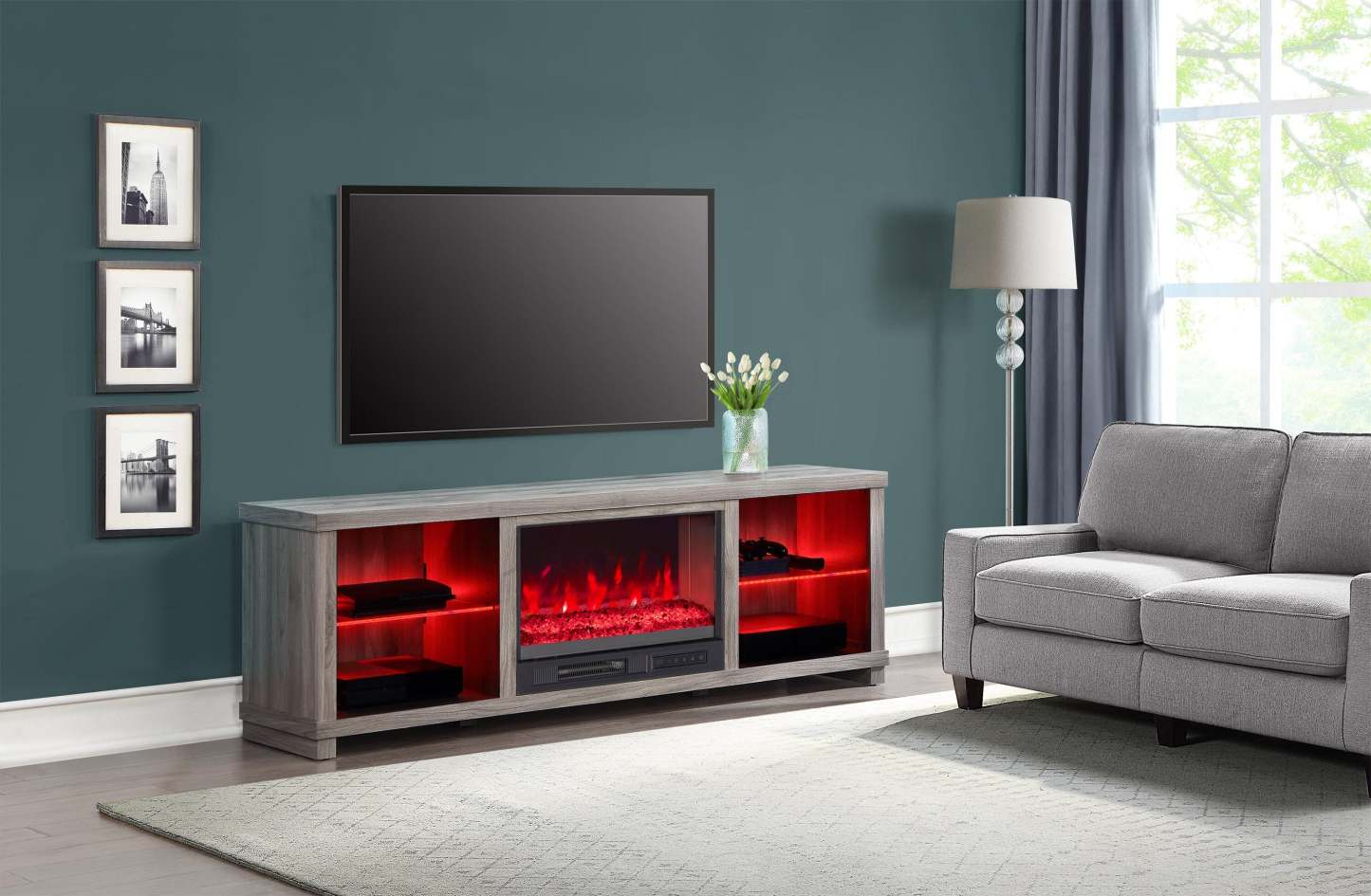 Aurora 72 Meuble TV avec foyer électrique moderne avec rangement et gestion des câbles pour téléviseurs jusqu'à 80 As|Meuble pour téléviseur moderne Aurora de 72 po avec foyer électrique, rangement et système de gestion