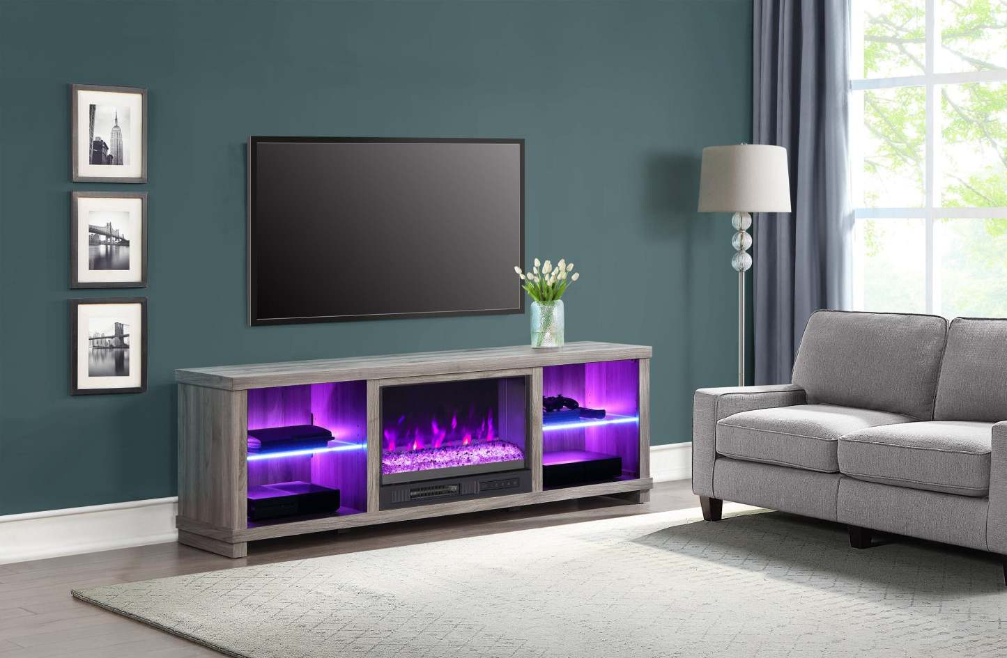 Aurora 72 Meuble TV avec foyer électrique moderne avec rangement et gestion des câbles pour téléviseurs jusqu'à 80 As|Meuble pour téléviseur moderne Aurora de 72 po avec foyer électrique, rangement et système de gestion