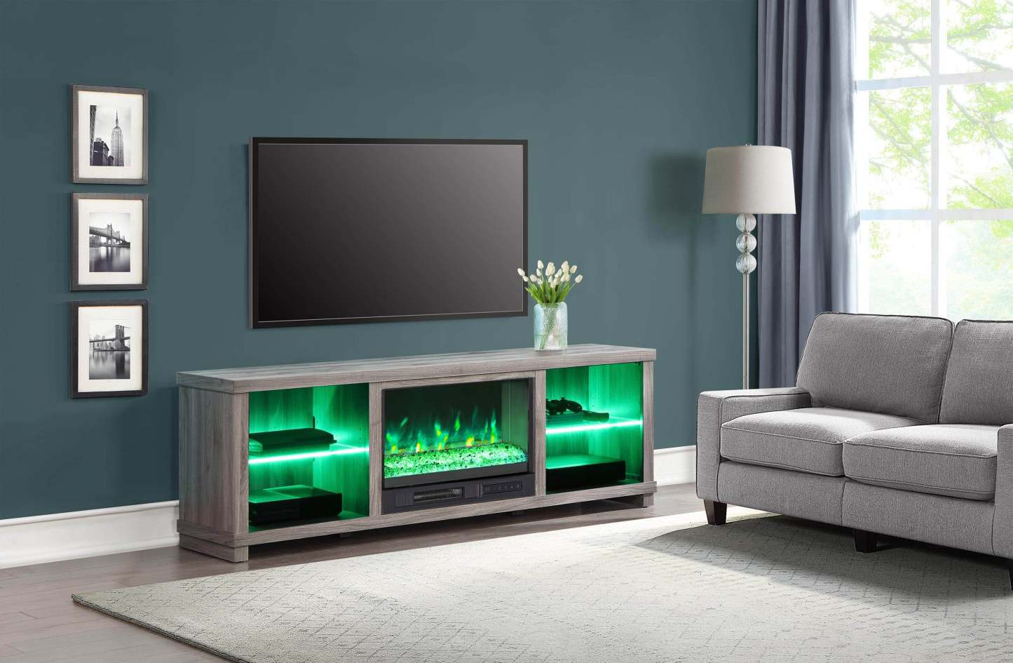 Aurora 72 Meuble TV avec foyer électrique moderne avec rangement et gestion des câbles pour téléviseurs jusqu'à 80 As|Meuble pour téléviseur moderne Aurora de 72 po avec foyer électrique, rangement et système de gestion