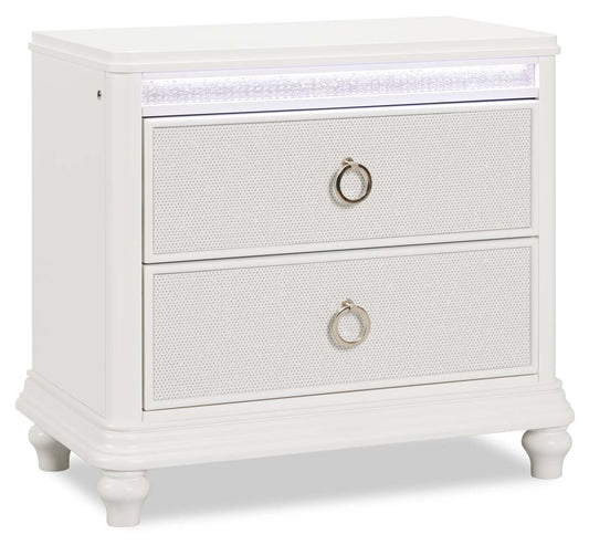 Table de nuit Ava à 2 tiroirs avec lumière LED, 32,5 W x 28 H, Glam - Blanc | Table de nuit somptueuse Ava de 32,5 po (L) x 28 po (H) à 2 tiroirs avec éclairage à DEL - blanche