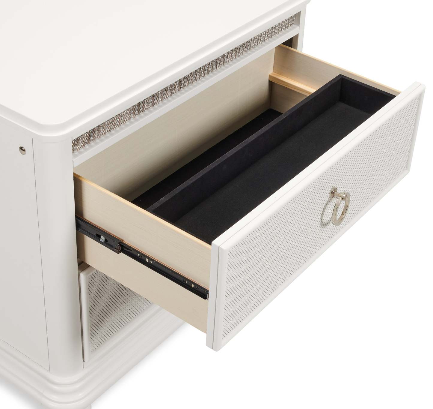 Table de nuit Ava à 2 tiroirs avec lumière LED, 32,5 W x 28 H, Glam - Blanc | Table de nuit somptueuse Ava de 32,5 po (L) x 28 po (H) à 2 tiroirs avec éclairage à DEL - blanche