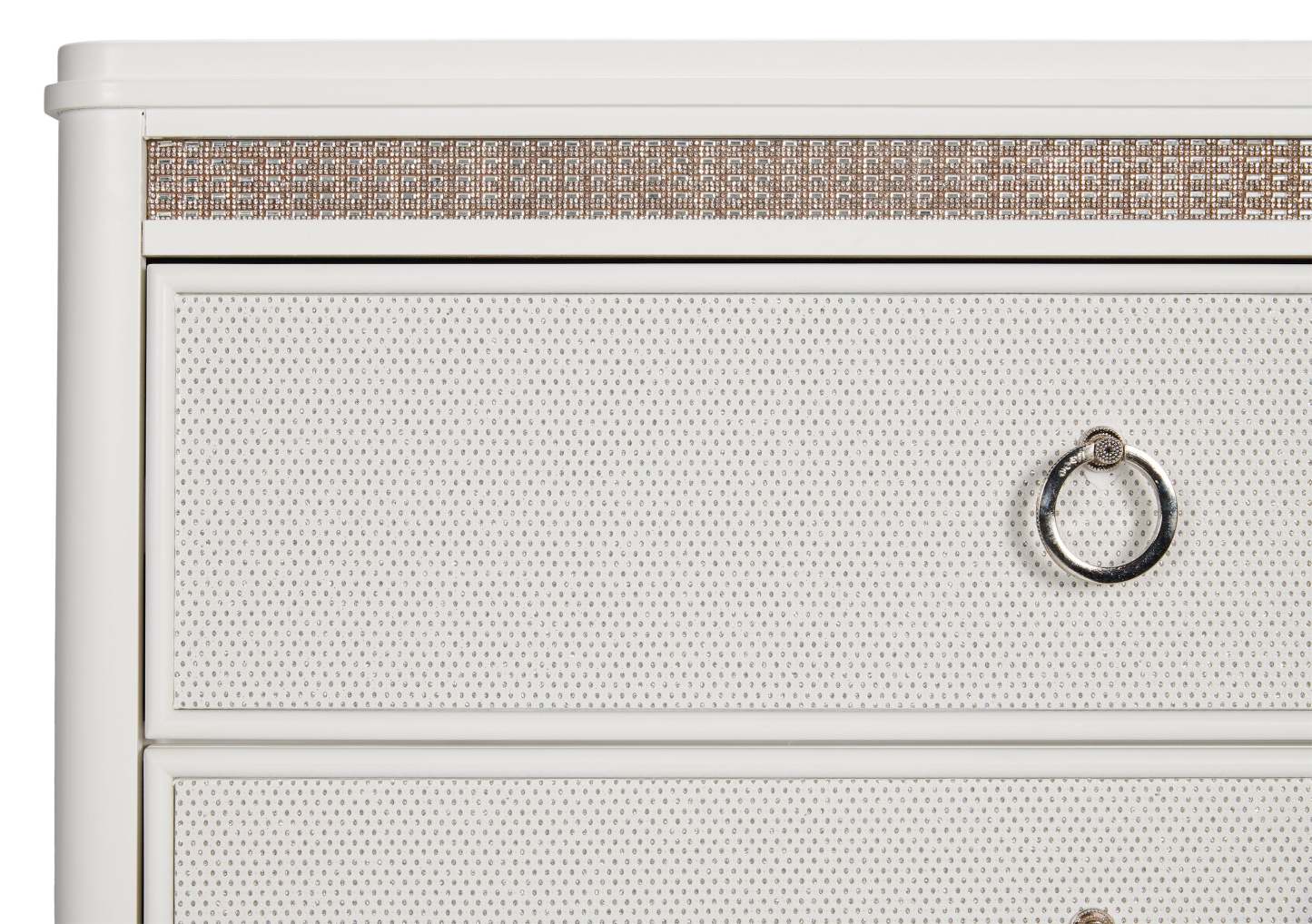 Commode de chambre à coucher Ava avec lumière LED, 5 tiroirs, 40,5 W x 54,1 H, Glam - Blanc | Commode verticale somptueuse Ava de 40,5 po (L) x 54,1 po (H) à 5 tiroirs avec éclairage à DEL pour la chambre à coucher - blanche