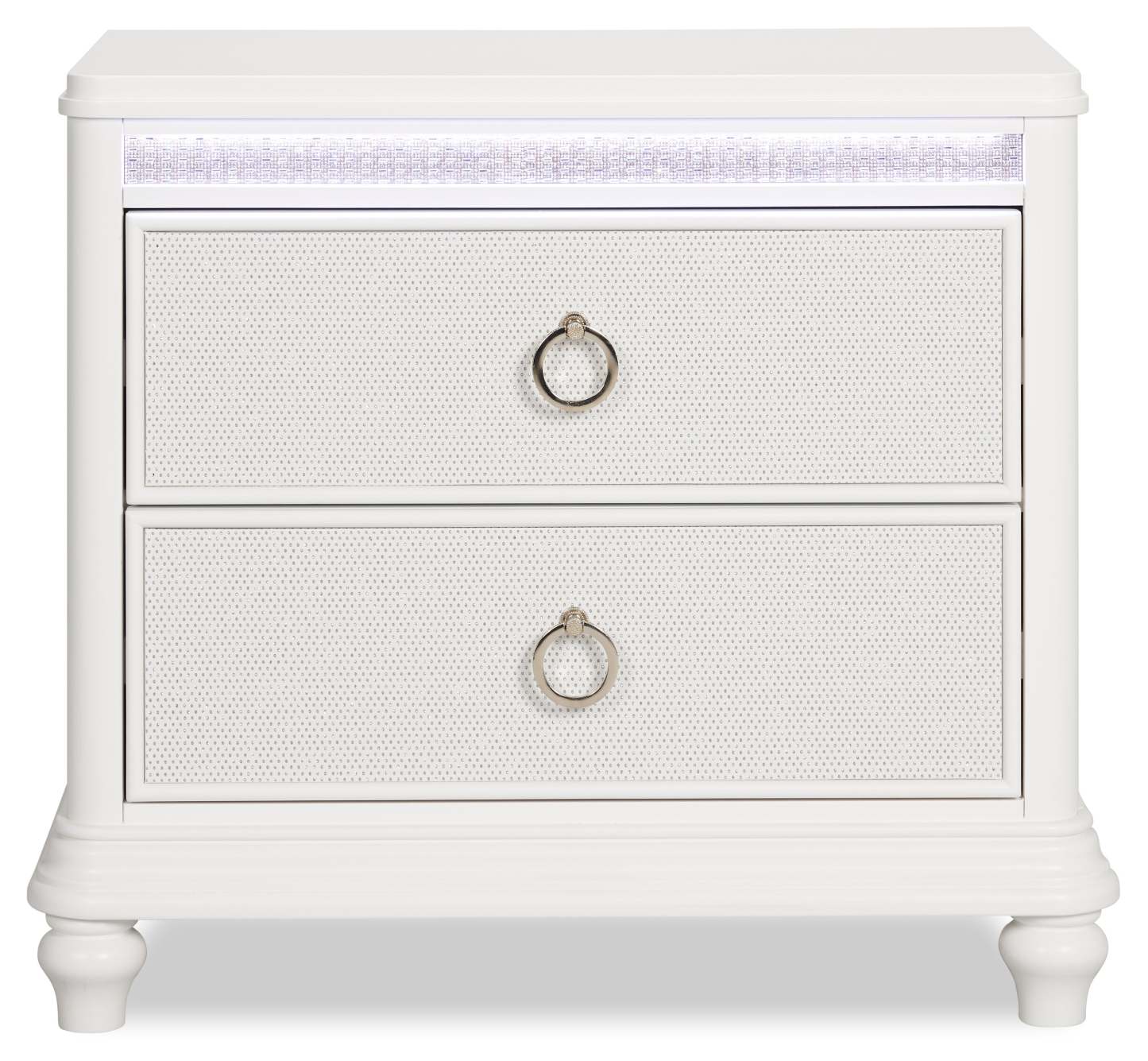 Table de nuit Ava à 2 tiroirs avec lumière LED, 32,5 W x 28 H, Glam - Blanc | Table de nuit somptueuse Ava de 32,5 po (L) x 28 po (H) à 2 tiroirs avec éclairage à DEL - blanche