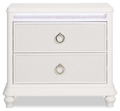 Table de nuit Ava à 2 tiroirs avec lumière LED, 32,5 W x 28 H, Glam - Blanc | Table de nuit somptueuse Ava de 32,5 po (L) x 28 po (H) à 2 tiroirs avec éclairage à DEL - blanche