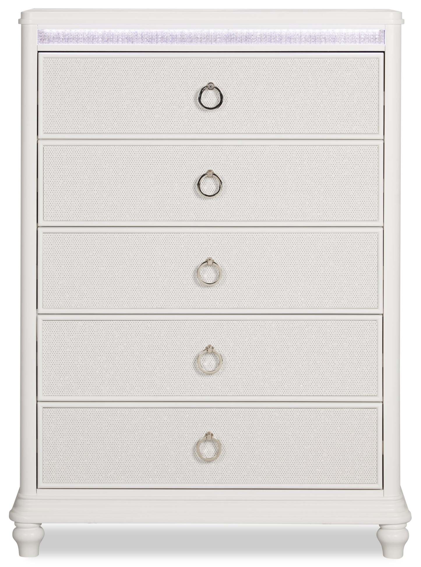 Commode de chambre à coucher Ava avec lumière LED, 5 tiroirs, 40,5 W x 54,1 H, Glam - Blanc | Commode verticale somptueuse Ava de 40,5 po (L) x 54,1 po (H) à 5 tiroirs avec éclairage à DEL pour la chambre à coucher - blanche