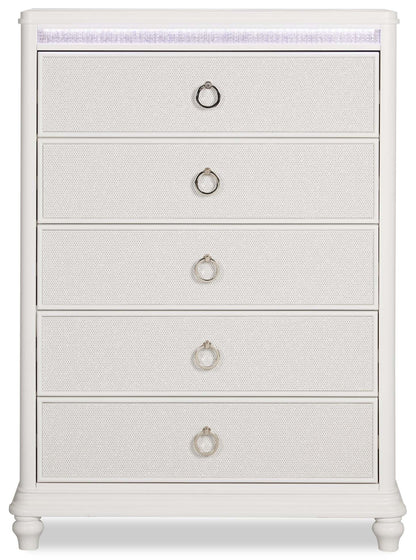 Commode de chambre à coucher Ava avec lumière LED, 5 tiroirs, 40,5 W x 54,1 H, Glam - Blanc | Commode verticale somptueuse Ava de 40,5 po (L) x 54,1 po (H) à 5 tiroirs avec éclairage à DEL pour la chambre à coucher - blanche