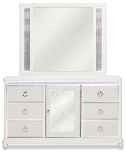 Miroir de commode de chambre à coucher Ava avec lumière LED, Glam - Blanc | Miroir de commode de chambre à coucher somptueux Ava avec éclairage à DEL - blanc