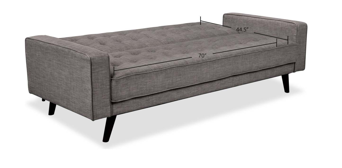 Futon Klik Klak Avery 81,5 en tissu d'apparence lin avec capitonnage et deux oreillers d'accoudoir - Gris | Futon Avery de 81,5 po en tissu d'apparence lin avec mécanisme Klik Klak, capitonnage et deux accoudoirs coussinés - gris