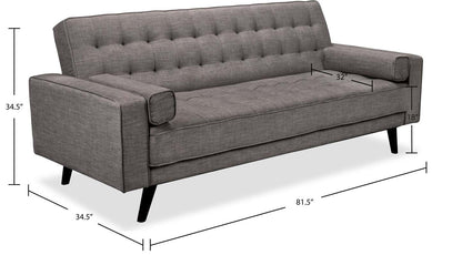 Futon Klik Klak Avery 81,5 en tissu d'apparence lin avec capitonnage et deux oreillers d'accoudoir - Gris | Futon Avery de 81,5 po en tissu d'apparence lin avec mécanisme Klik Klak, capitonnage et deux accoudoirs coussinés - gris