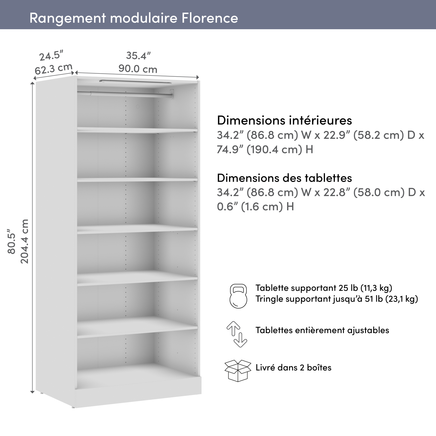 Système de garde-robe et pièce-penderie modulaire Florence de Bestar de 35 po avec éclairage à DEL et tablettes – blanc