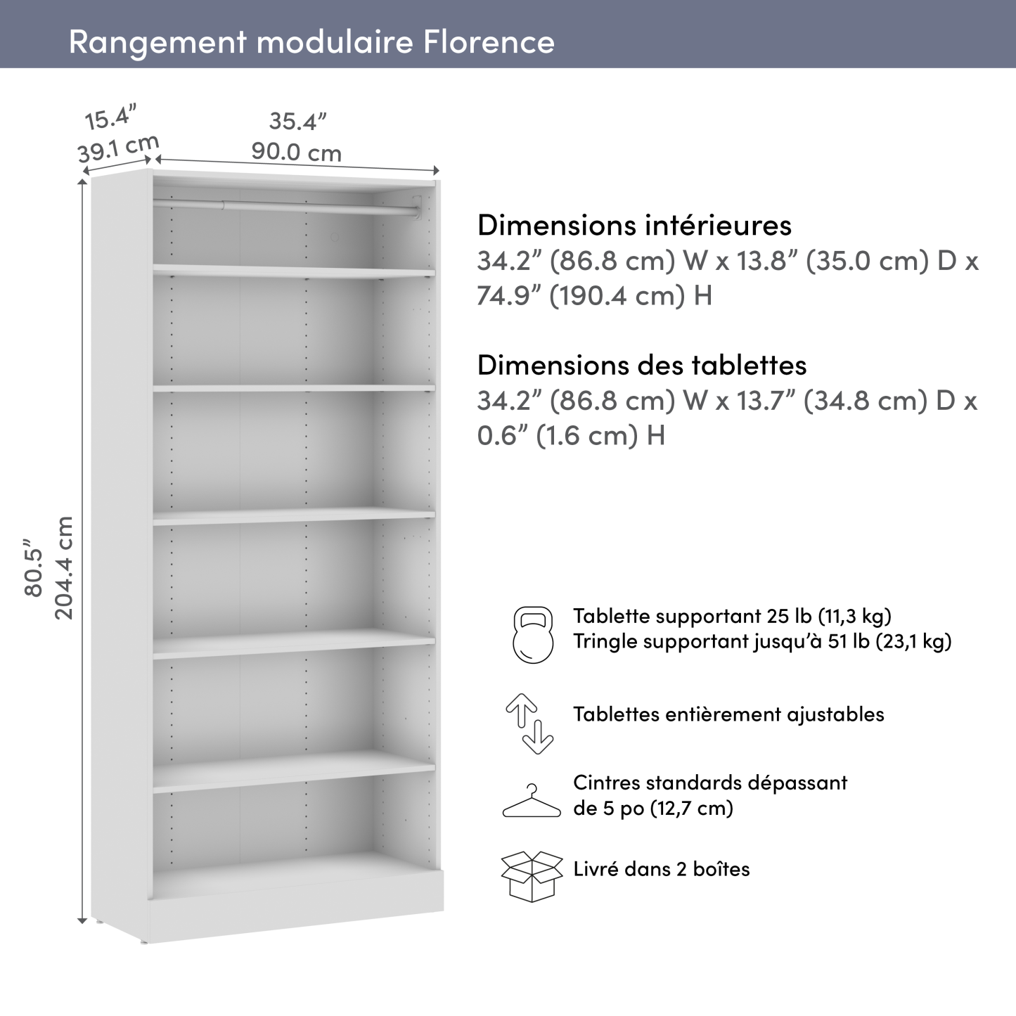 Bestar Florence 35 Modular Reach-In/Walk-In Système avec étagères - Blanc|Système de garde-robe et pièce-penderie modulaire Florence de Bestar de 35 po avec tablettes - blanc