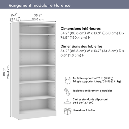 Bestar Florence 35 Modular Reach-In/Walk-In Système avec étagères - Blanc|Système de garde-robe et pièce-penderie modulaire Florence de Bestar de 35 po avec tablettes - blanc
