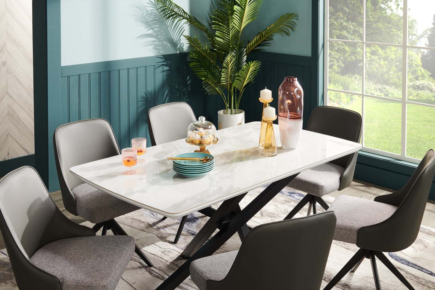 Table de salle à manger Bari de 63 po (L) avec dessus en céramique d'apparence marbre et base géométrique en métal - blanche